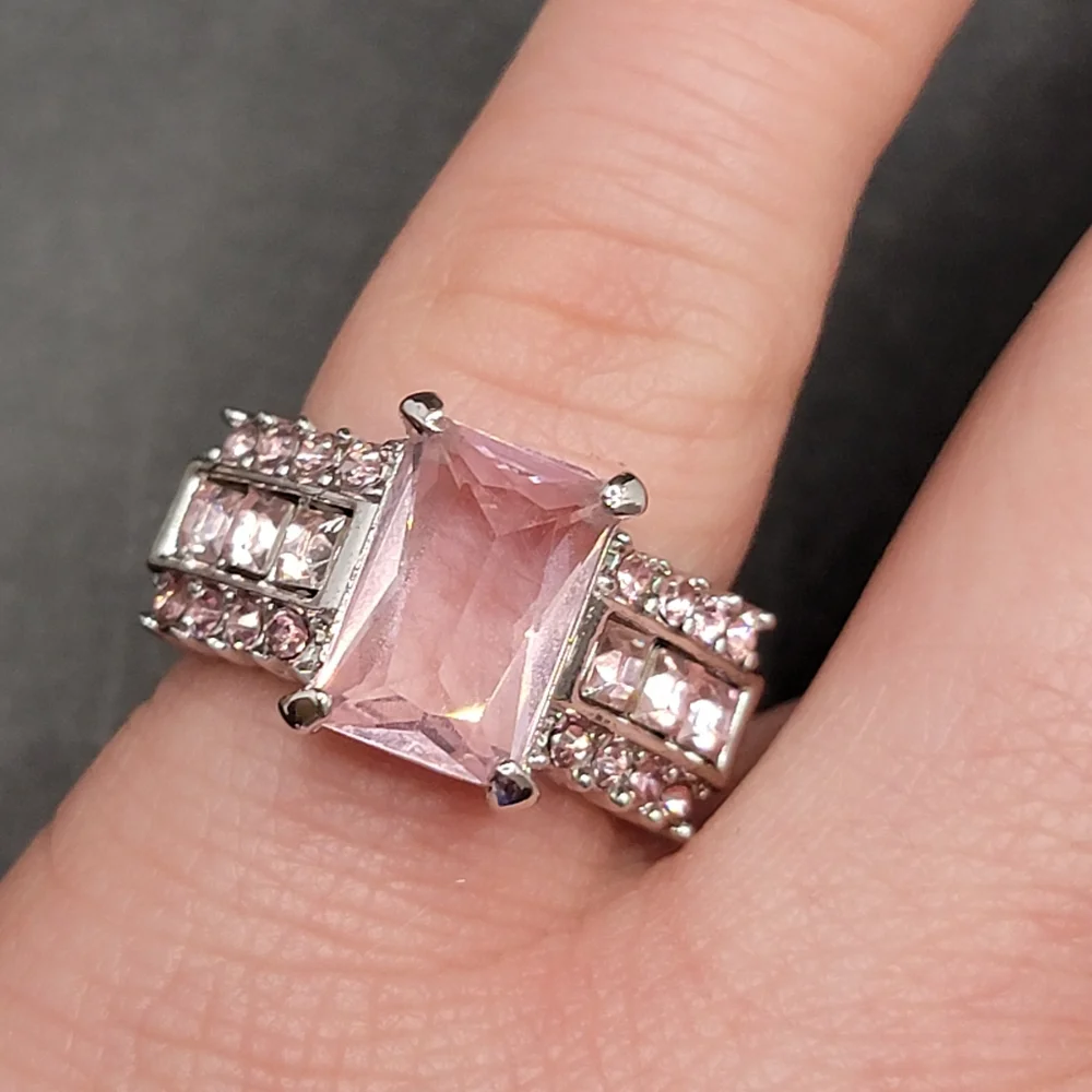 Silver Tone Simulated Pink Gemstone Ring
